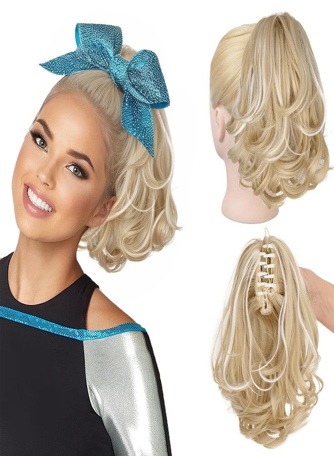 KooKaStyle Ponytail Extension, 10" Short Claw Clip in Pony Tails Hair Extensions Curly Wavy Synthetic Drawstring Hairpieces for Women(Blonde with White Highlights) - Image 1